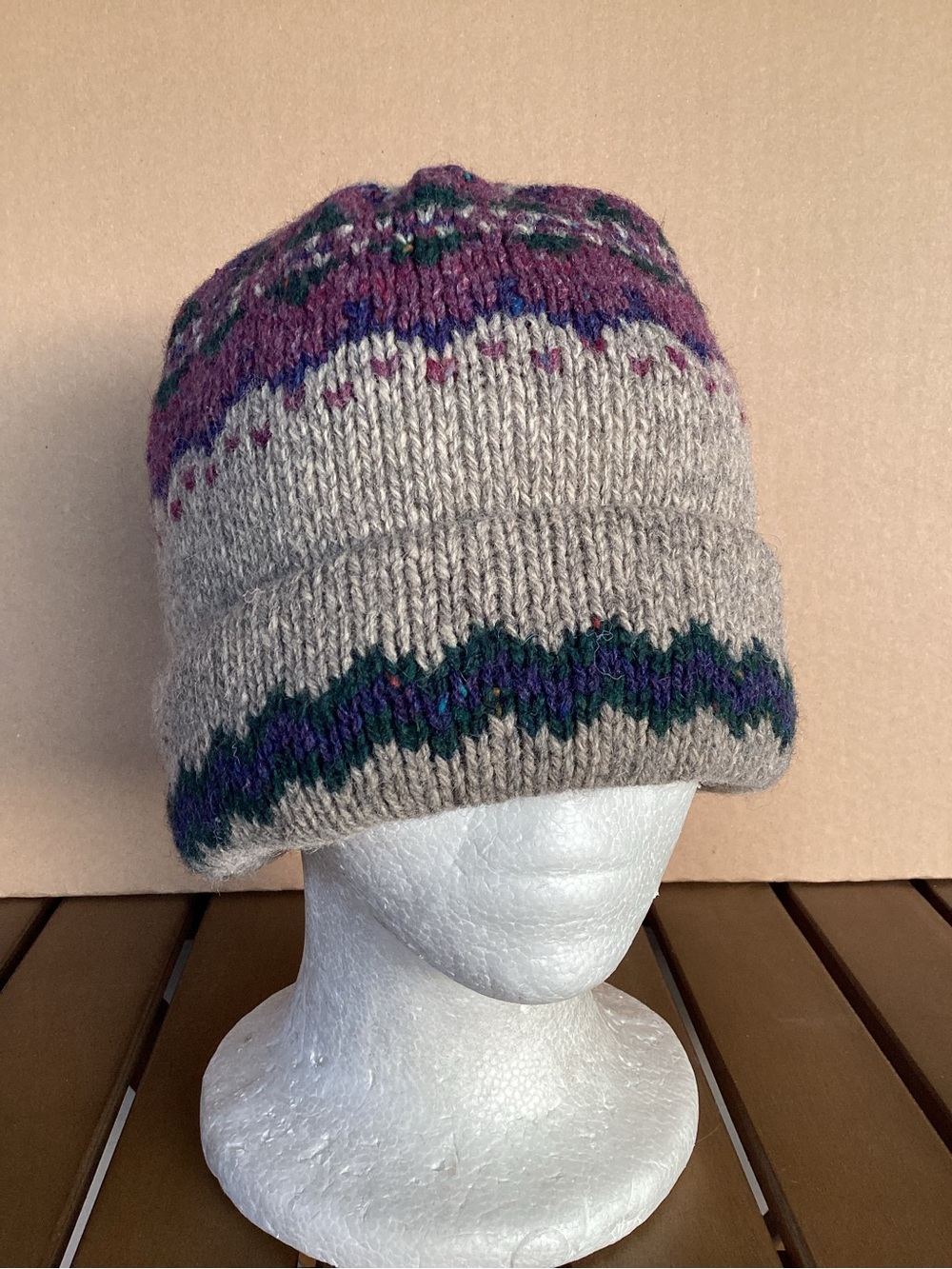 Vintage Knit Outerwear Purple Wool Blend Fair Isle Beanie Hat Made in USA Nordic
